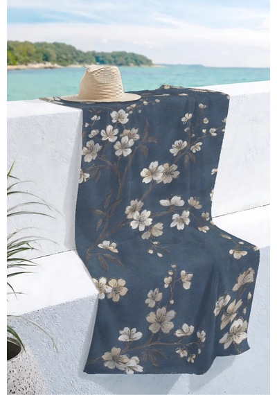 Çiçekli Lacivert Plaj Havlu Örtüsu - Vintage Sakura Modern Hızlı Kuruyan Mikrofiber Havlu Örtü Berrak Yosun