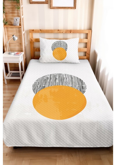 Geometrik Sarı Genç Odası Tek Kişilik Pike Takımı - Gri Minimal 160x220 Cm Kapitone Yatak Örtüsü Kavrulmuş İz Baharı