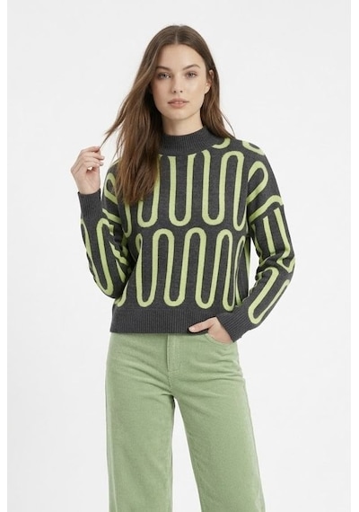 Neden Tekstil Kadın Modern Geometrik Desenli Boğazlı Triko Kazak - Fıstık Yeşili