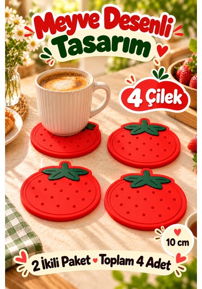 4'lü Çilek Desenli Bardak Altlığı Seti 10 Cm Kahve Ve Çay Fincan Altlığı Renkli Masa Sunum Aksesuarı Çok Renkli