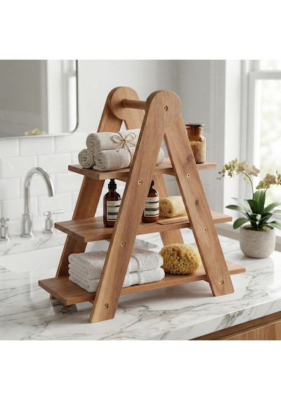 Doğal Akasya Ahşap 3 Katlı Sunum Standı - 37x12.3x37.5 Cm Çok Amaçlı Katlı Servis Tepsisi, Kura