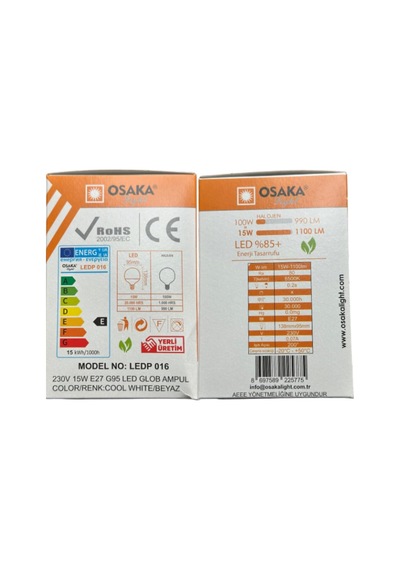 15w 100w 6500k Beyaz Işık E27 G95 Led Ampul, 2 Adet Diğer