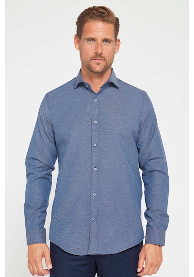 Tudors Slim Fit Uzun Kollu Pamuklu Kolay Ütü Armürlü Erkek Lacivert Gömlek-22225 Lacivert