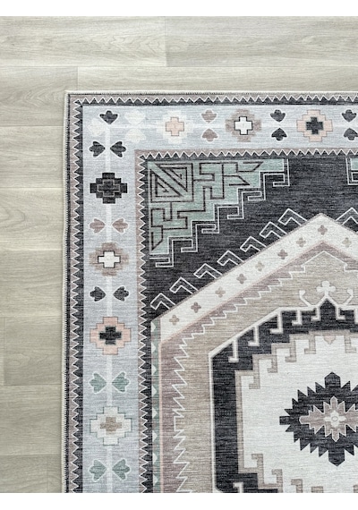 Geometrik Madalyon Desenli Siyah Ve Gri Etnik Halı - Ar856bg Siyah - Gri