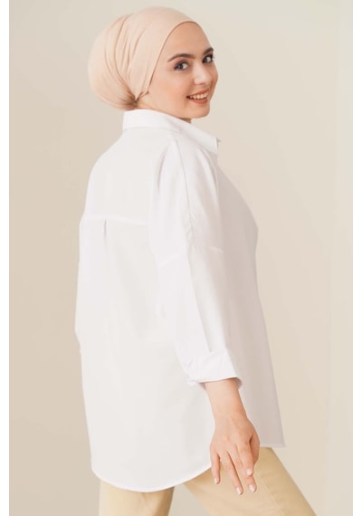 Bigdart 103901 Oversize Basic Tesettür Gömlek - Beyaz 001