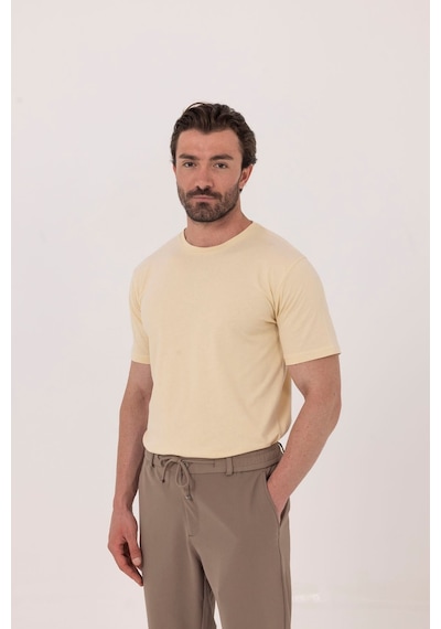 Sabri Özel Krem %100 Pamuk Bisiklet Yaka Düz Renk Basic T-shirt