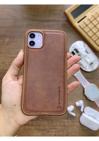 Apple iPhone 11 Uyumlu Premium Deri Dokulu Darbelere Karşı Dayanıklı Nazal Silikon Kılıf Kahverengi