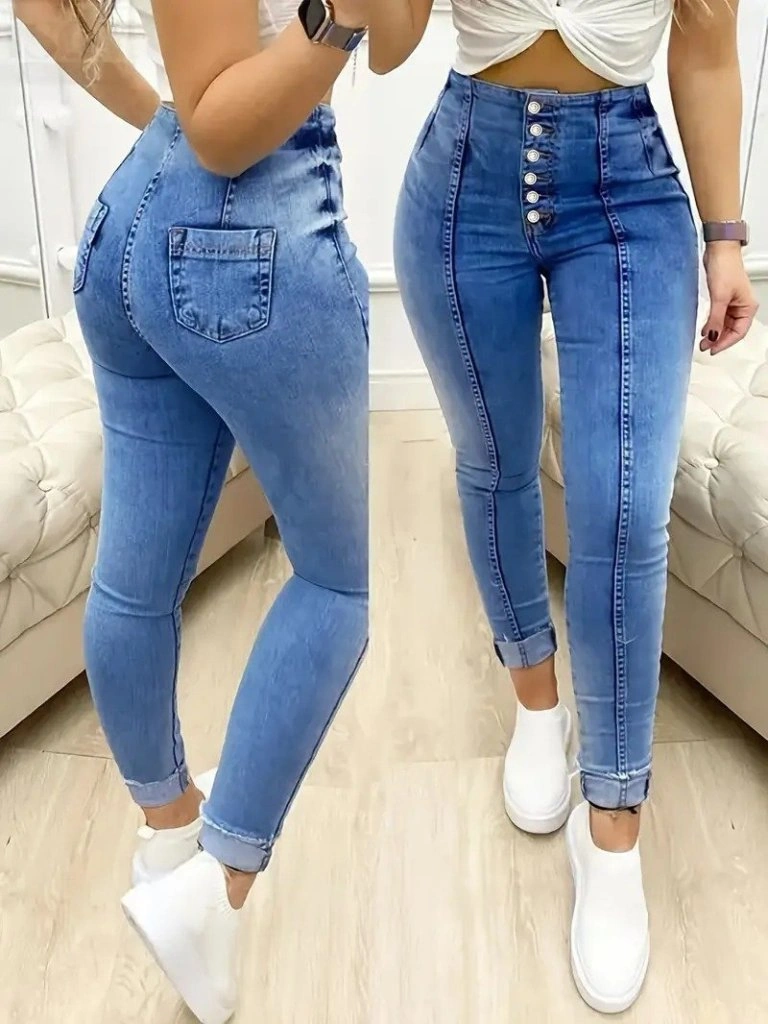 Simala Kadın Yüksek Bel Önden Düğmeli Jean Pantolon Lacivert
