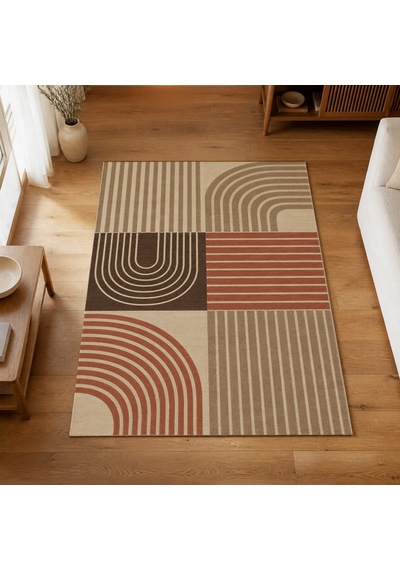 Kartela Halı Retro Çizgili Patchwork Halı Bej Kaymaz Taban Makinede Yıkanabilir 60x90 Cm