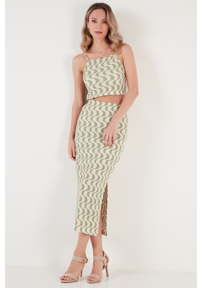 Lela Slim Fit Ip Askılı Yırtmaçlı Bayan Takım 5865278 Yeşil-Beyaz