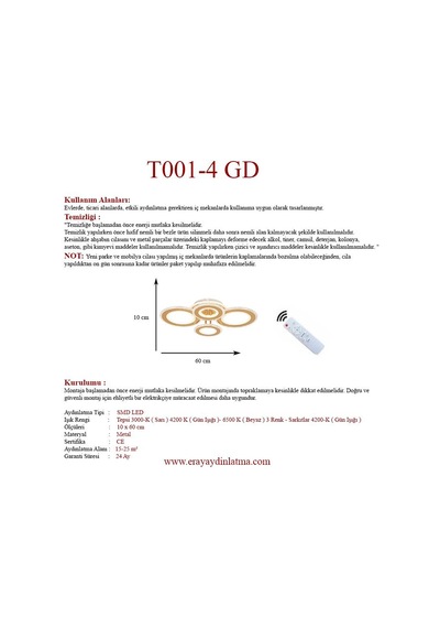 Eray Aydınlatma T001-4 Gold Kumandalı Led Avize Gold