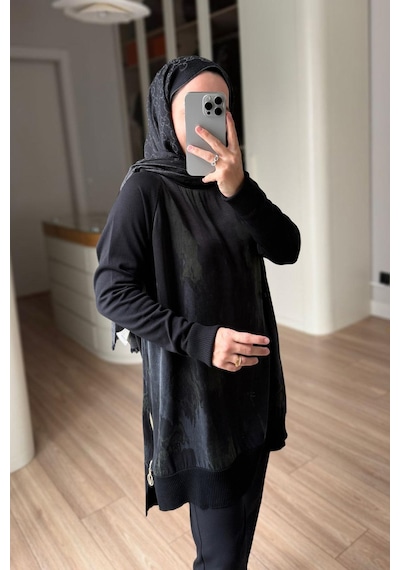 Kahijab Yan Fermuarlı Desenli Boğazlı Merserize Tunik - Siyah