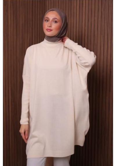 Balenbi Kadın Dik Yaka Basic 80cm Salaş Oversize Triko Tunik 1145 Ekru
