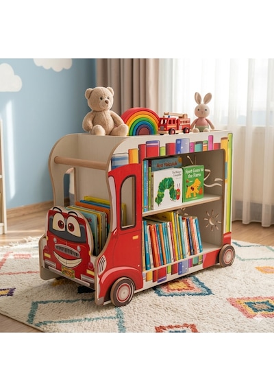 Montessori Dekoratif Çocuk Odası Kitaplığı Ve Tekerlekli Oyuncak Kutusu Kamyonu Kırmızı Montessori Dekoratif Çocuk Odası Kitaplığı Ve Tekerlekli Oyuncak Kutusu Kamyonu Kırmızı