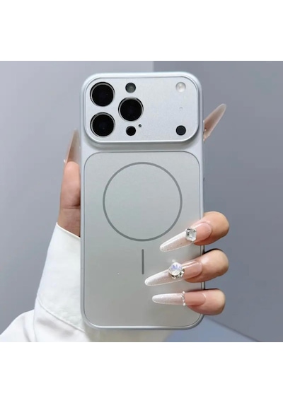 Apple Uyumlu iPhone 14 Pro Magsafe Kılıf 17 Pro Max Kamera Görünümlü Lens Korumalı Kapak Gümüş