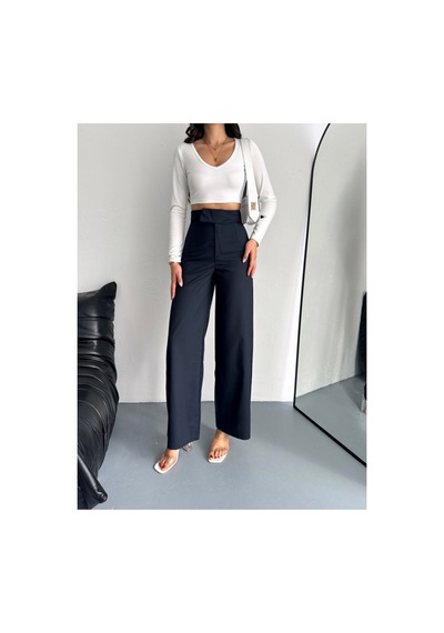 Gugus Kadın Cepsiz Dokuma Kumaş Pantolon Beli Cırtlı Bol Paça Wide Leg Model Lacivert
