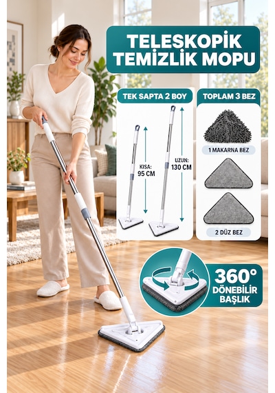3 Bezli Üçgen Mop Teleskopik Tek Sapta 2 Boy Cam Duvar Köşe Temizliği Cam Duvar Tavan Fayans Parke Temizleyici Teleskopik Sap
