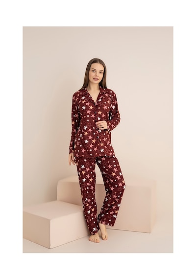 Rindahomewear Kadın Bordo Yıldız Desenli Yumuşak Dokulu Süet Düğmeli Pijama Takımı Bordo