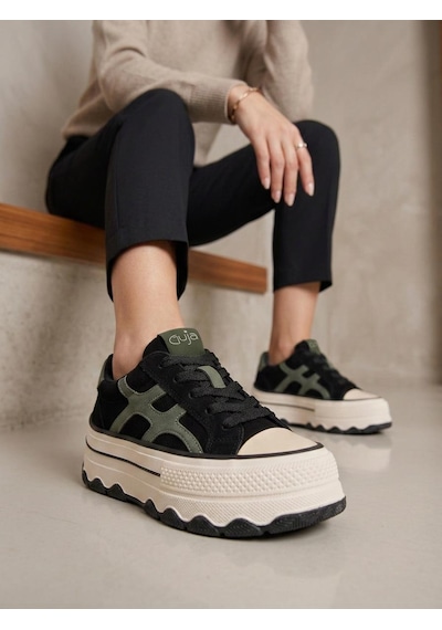 Guja 26k366 Kadın Hakiki Deri Bağcıklı Kalın Taban Sneaker Ayakkabı Siyah