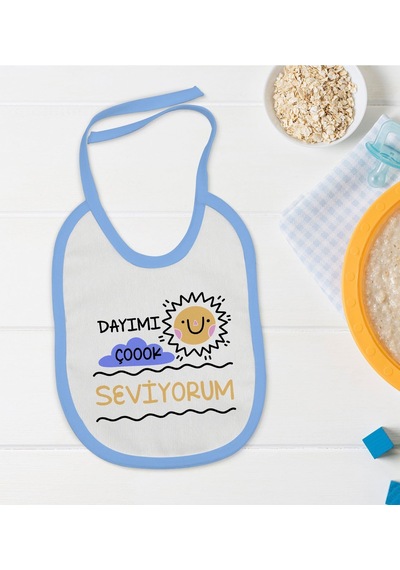 Bk Kids Dayımı Çok Seviyorum Tasarımlı Mavi Bebek Mama Önlüğü Mavi