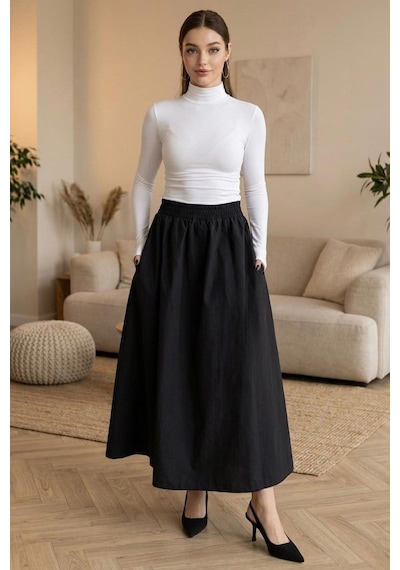 Madmext Siyah Beli Lastikli Midi Boy Kadın Etek Mg2616 Siyah