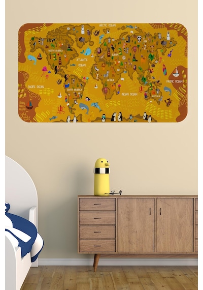 Eğitici Dünya Haritası Dünya Atlası Çocuk Ve Bebek Odası Duvar Sticker-60x105-3781 - Renkli Çok Renkli