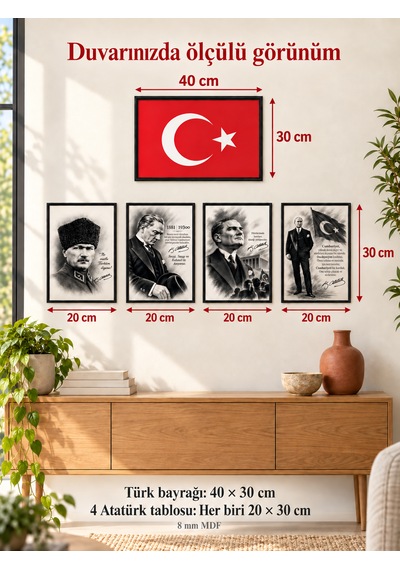 Türk Bayrağı Ve Atatürk 5 Li Mdf Tablo Seti 8 Mm 40 30 Cm Ve 20 30 Cm Ev Ofis Okul İşyeri 1
