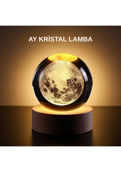 Cosmotex Ay Figürlü 3d Kristal Küre Led Gece Lambası Ahşap Standlı Dekoratif Lamba Sıcak Işık