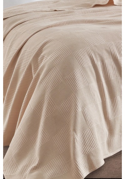 Battal Boy %100 Pamuk Pike Örtü 230x240cm Karo Desenli Bej Weave Serisi Bej