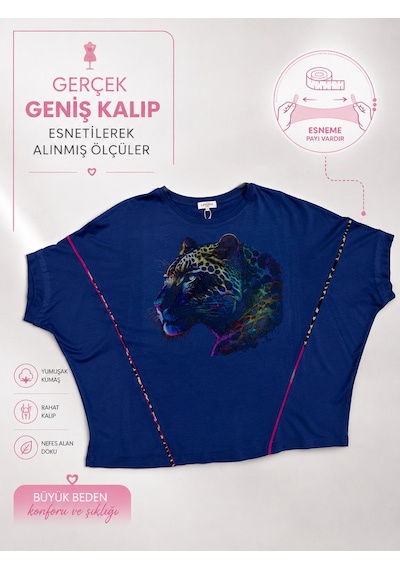 Büyük Beden Bisiklet Yaka Taşlı Leopar Baskılı Düşük Kol Kısa Kollu Kadın Bluz Saks