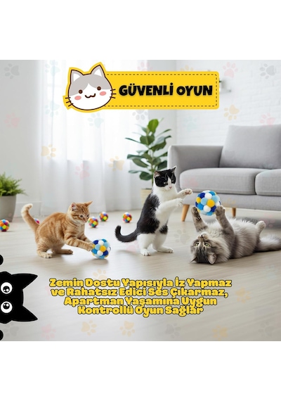 Orletz Çıngıraklı Ponpon Kedi Oyuncağı - Renkli İnteraktif Peluş Top - Zilli Yuvarlanan Kedi Topu - Çiğneme Ve
