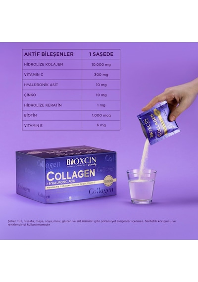 Beauty Collagen 30 Saşe 10.000 Mg Tip 1 Tip 3 Hidrolize Kolajen, Hyaluronik Asit, Vitamin C Ve Biotin İçeren Takviye Edici Gıda