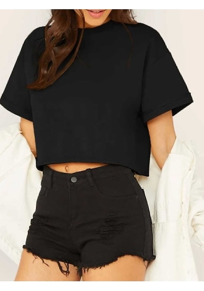 Crop Bisiklet Yaka Örme T-shirt Siyah