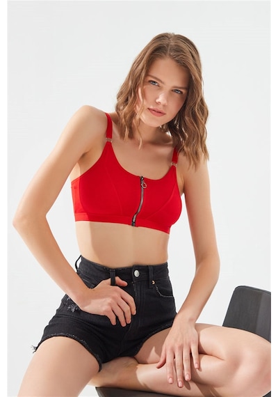 Cottonhill Kırmızı Pamuklu Ayarlanabilir Askılı Fermuarlı Bralet Büstiyer Kırmızı