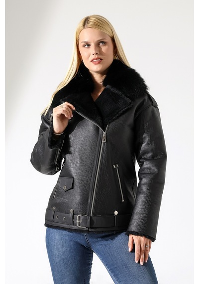 M M Marki Marki Kadın Hakiki Deri Mont, Siyah, Oversize, İçi Kürklü, 74 Cm, Kemerli