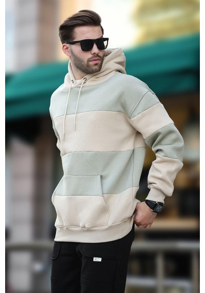 Madmext Bej Kapüşonlu Renk Bloklu Cep Detaylı Erkek Sweatshirt 7044 Bej