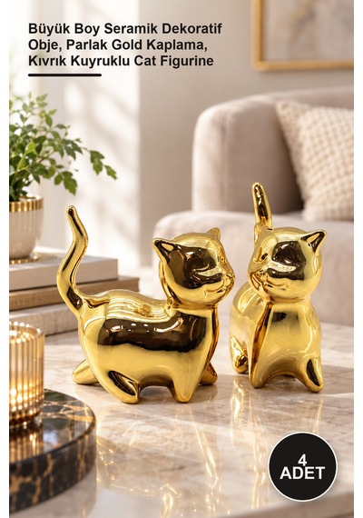 4 Adet Kedi Tasarımlı Biblo Büyük Boy Seramik Dekoratif Obje, Parlak Gold Kaplama, Kıvrık Kuyruklu Cat Figurine Altın