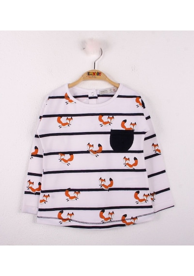 Toontoy Kids Toontoy Kız Bebek T-shirt Çizgili Cepli Tilki Baskı Beyaz