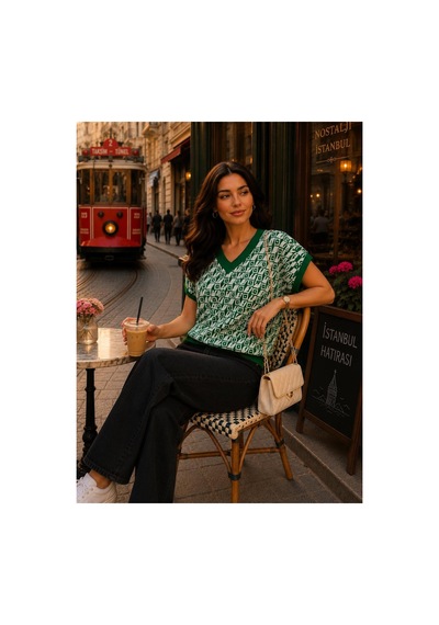 Hira Life Fashion Sfg Life Moda Kadın V Yaka Kare Desenli Şık Süveter Yeşil Yeşil