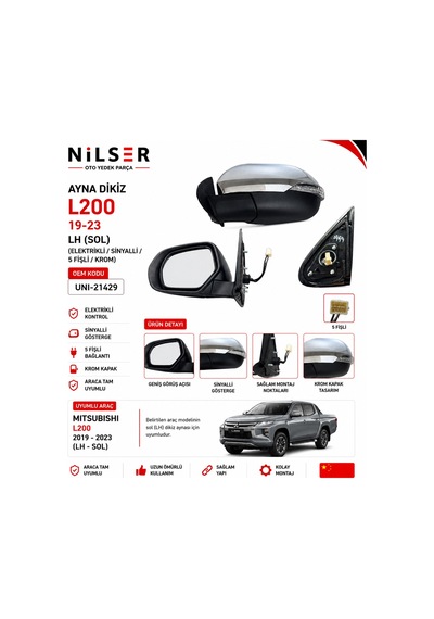 Mitsubishi L200 Dikiz Ayna Dış Sol 2019-2023 5 Fişli Krom