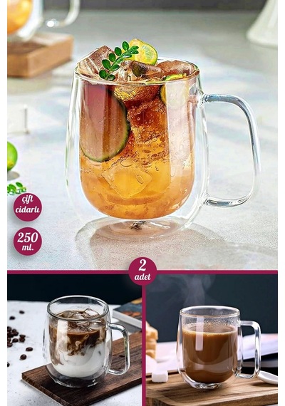 2li Çift Cidarlı Bardak 250 Ml Ev Ofis Çay Fincanı Kahve Sunum Bardağı Dayanıklı Kupa Cam Bardak