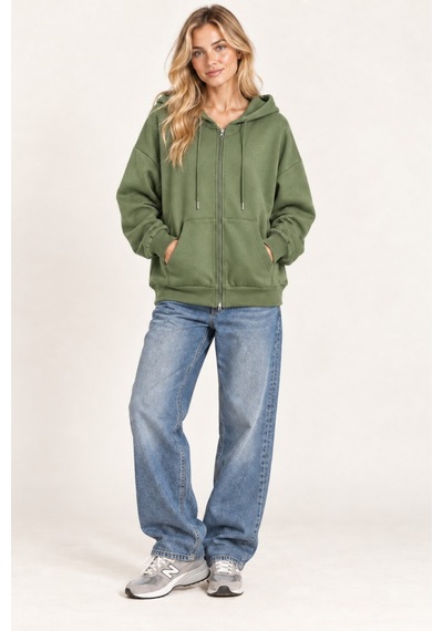 Cool Tarz Unisex Oversize Fermuarlı Kapüşonlu Sweatshirt 3 İplik Şardonlu Haki Haki