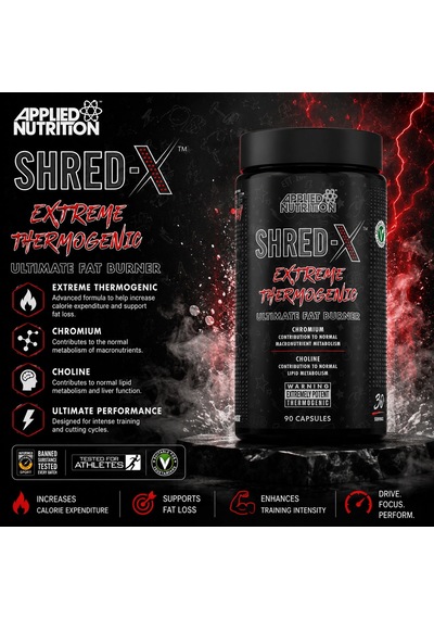 Applied Nutrition Shred X Tyrosine Theanine Green Tea Caffeine Extreme Thermogenic 90 Capsules
