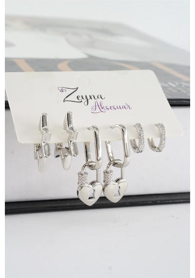 By Zeyna Aksesuar Kadın Vip Seri Zirkon Taşlı Karışık Figürlü 6'lı Küpe Seti-3985 Gümüş