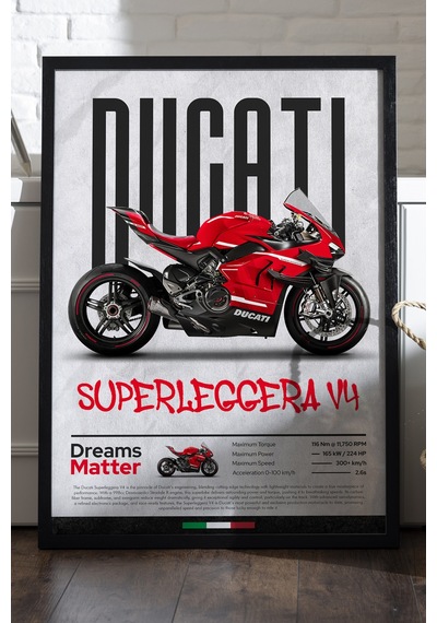 Ducati Superleggera V4 Siyah Ahşap Çerçeveli Poster, Dekoratif Motosiklet Duvar Tablosu
