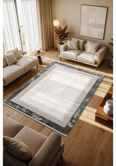 Cotto Motto Tt003g Gri Halı Klasik Çerçeveli Desen Pamuk Taban Yıkanabilir Salon Mutfak Halısı