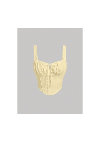 Meren Like Your Style Sarı Nakış Desenli Göğüs Dekolteli Geniş Askılı Üst Crop Sarı