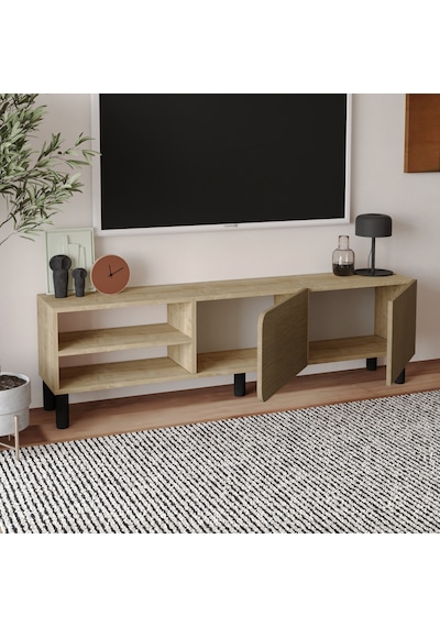 İnarch Dizayn River 150 Cm Modern Tv Sehpası Kapaklı Ve Raflı Tasarım Safir Meşe