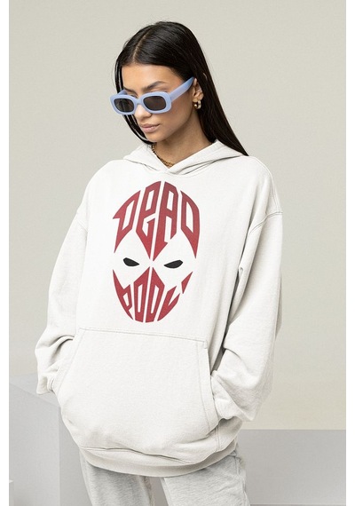 Sevbano Tasarım Deadpool Maske Baskılı Unisex Oversize Hoodie Beyaz