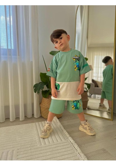 Miniko Kids Erkek Çocuk Minecraftt Modelli Baskılı Şortlu Pamuk Takım Yeşil